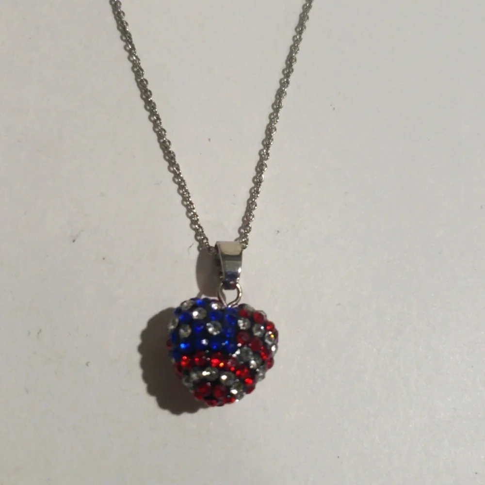 Women's Silver Heart Rhinestone Necklace American Flag  -  Patriotic  Jewelry